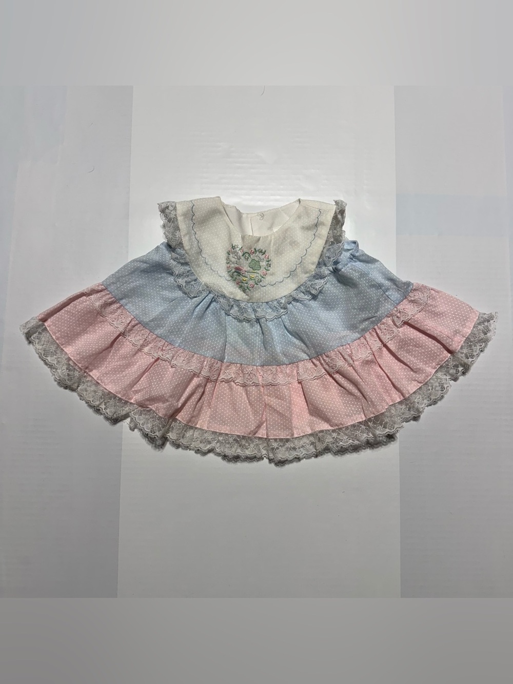 Vintage 80s Baby Togs Pastel Tiered Lace Dress‎ Embroidered Heart Bib 18M